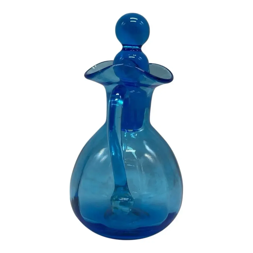 VTG RAINBOW Art Glass Bright Blue Pitcher Vase Decanter Oil Cruet Stopper 5in‎